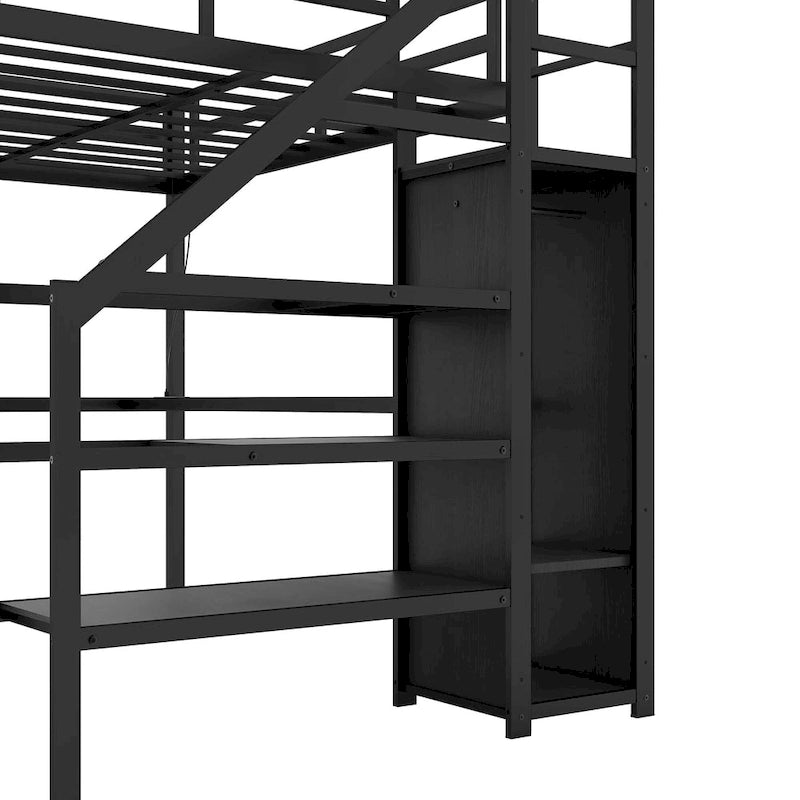 Black Twin XL Size Metal Loft Bed with L-shaped Desk, USB, and LED for Kids and Teens