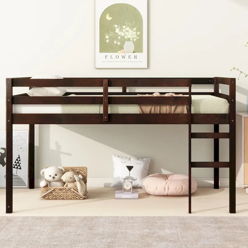 Espresso Twin Size Rubber Wood Loft Bed with Strengthened Slats