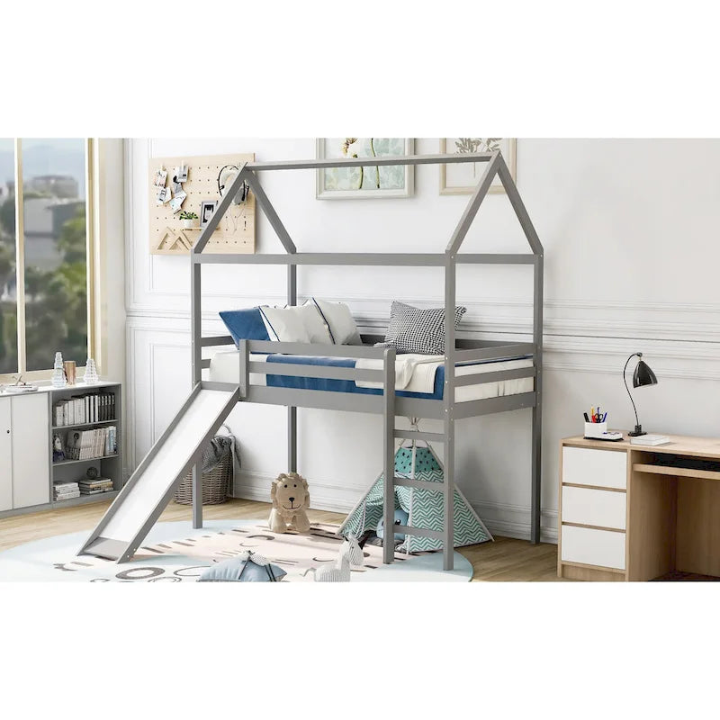Twin Pine Loft House Bed with Slide