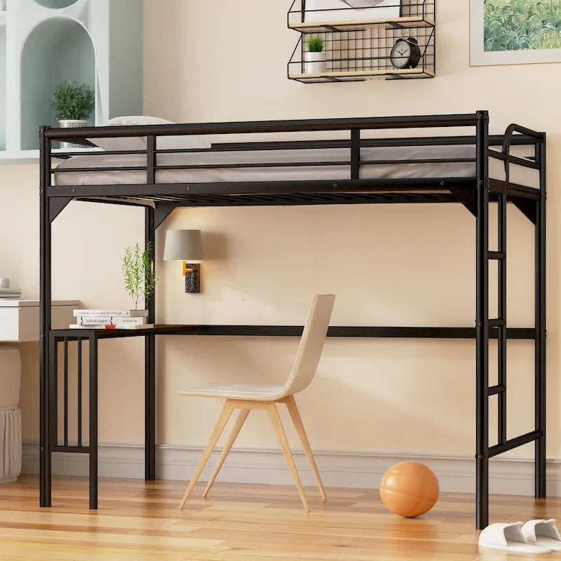 Black Twin Size Metal Loft Bed with Desk, Ladder, and Guardrails