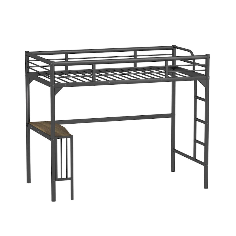 Black Twin Size Metal Loft Bed with Desk, Ladder, and Guardrails