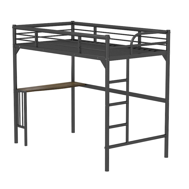 Black Twin Size Metal Loft Bed with Desk, Ladder, and Guardrails
