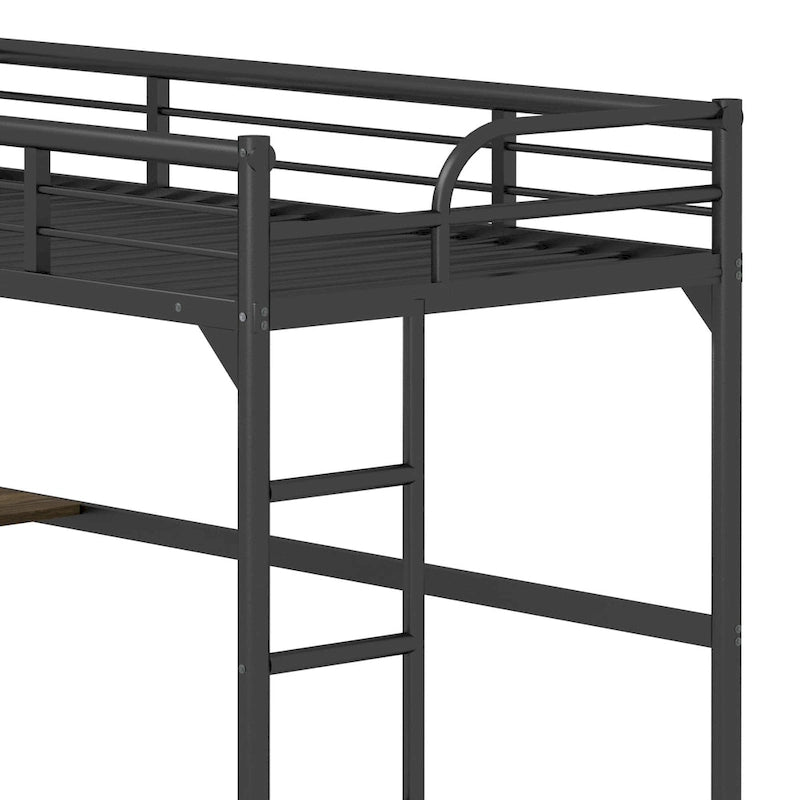 Black Twin Size Metal Loft Bed with Desk, Ladder, and Guardrails
