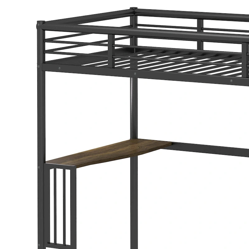 Black Twin Size Metal Loft Bed with Desk, Ladder, and Guardrails