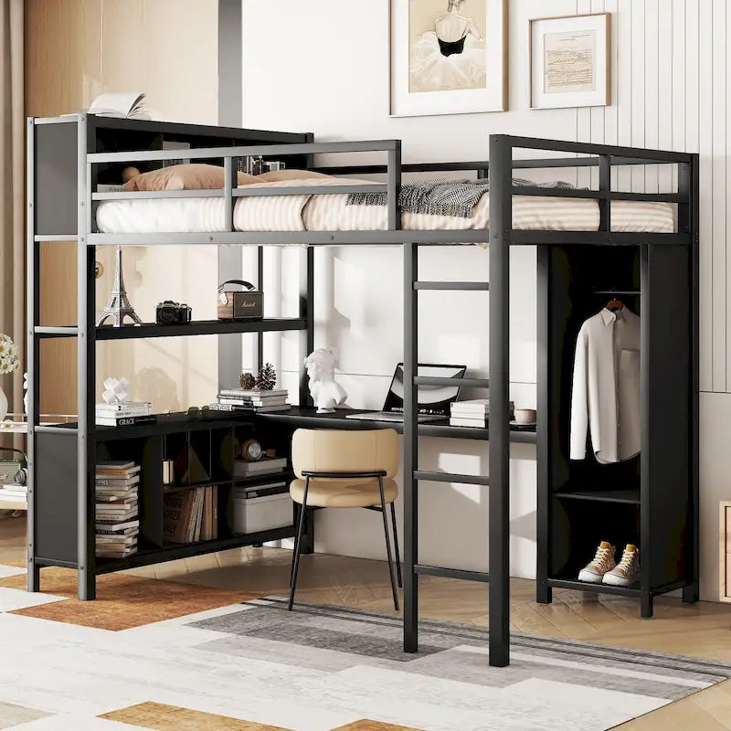 Black Full Size Metal Loft Bed with Wardrobe, Desk, and Storage Shelves