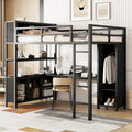 Black Full Size Metal Loft Bed with Wardrobe, Desk, and Storage Shelves