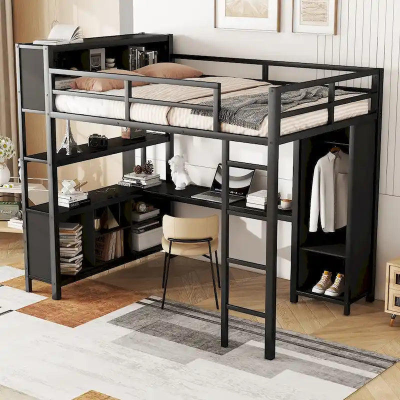 Black Full Size Metal Loft Bed with Wardrobe, Desk, and Storage Shelves
