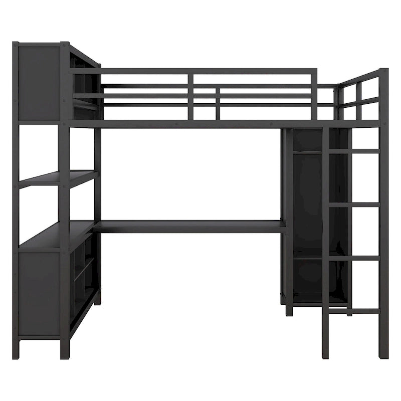 Black Full Size Metal Loft Bed with Wardrobe, Desk, and Storage Shelves