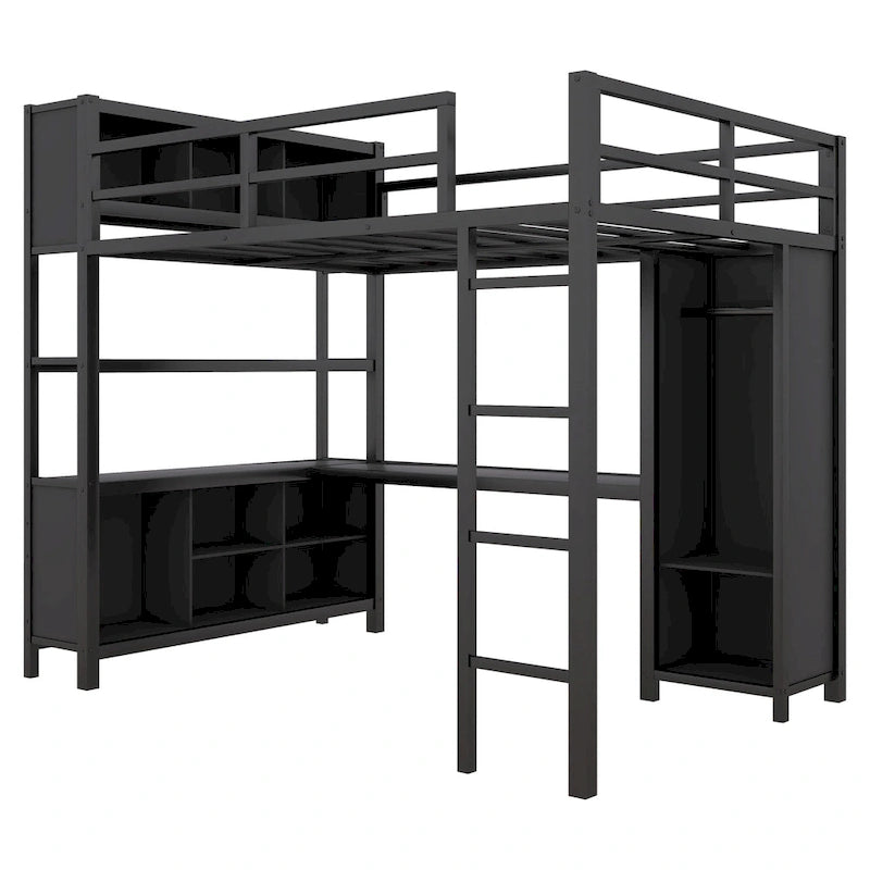 Black Full Size Metal Loft Bed with Wardrobe, Desk, and Storage Shelves