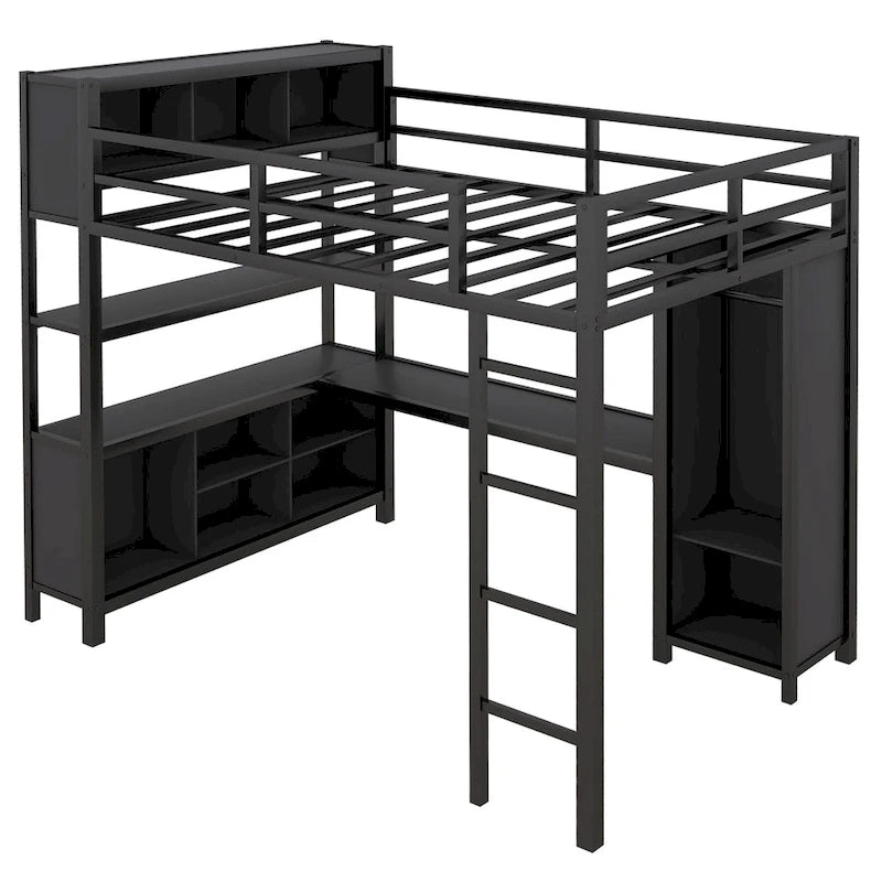 Black Full Size Metal Loft Bed with Wardrobe, Desk, and Storage Shelves
