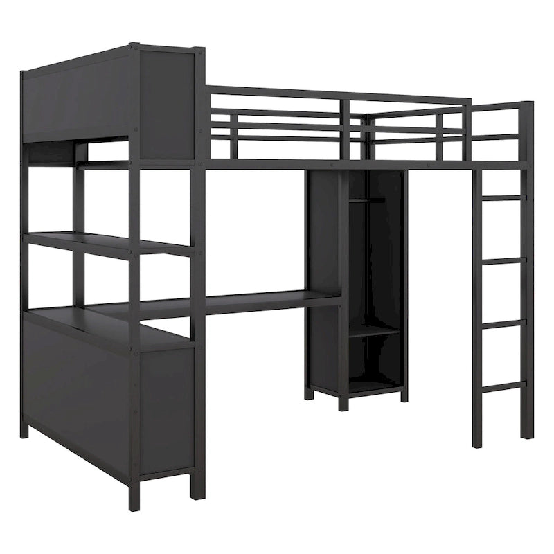 Black Full Size Metal Loft Bed with Wardrobe, Desk, and Storage Shelves