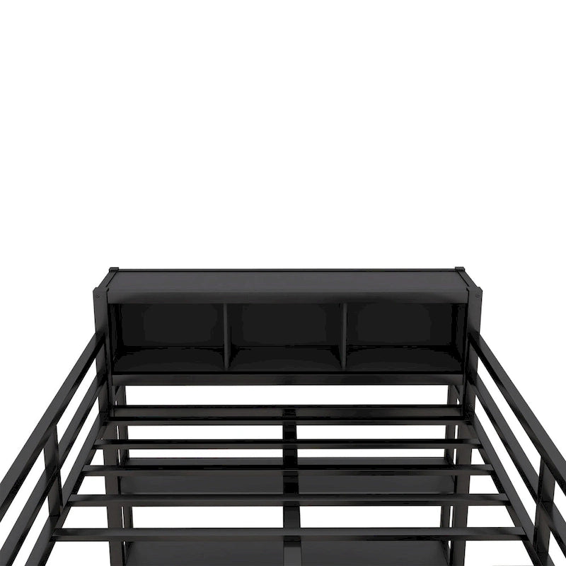 Black Full Size Metal Loft Bed with Wardrobe, Desk, and Storage Shelves