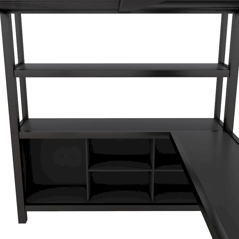 Black Full Size Metal Loft Bed with Wardrobe, Desk, and Storage Shelves