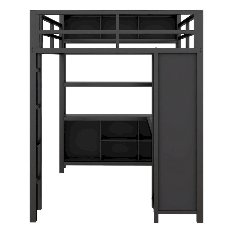 Black Full Size Metal Loft Bed with Wardrobe, Desk, and Storage Shelves