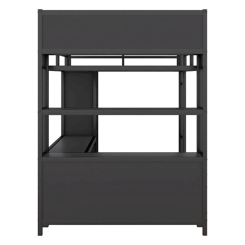 Black Full Size Metal Loft Bed with Wardrobe, Desk, and Storage Shelves