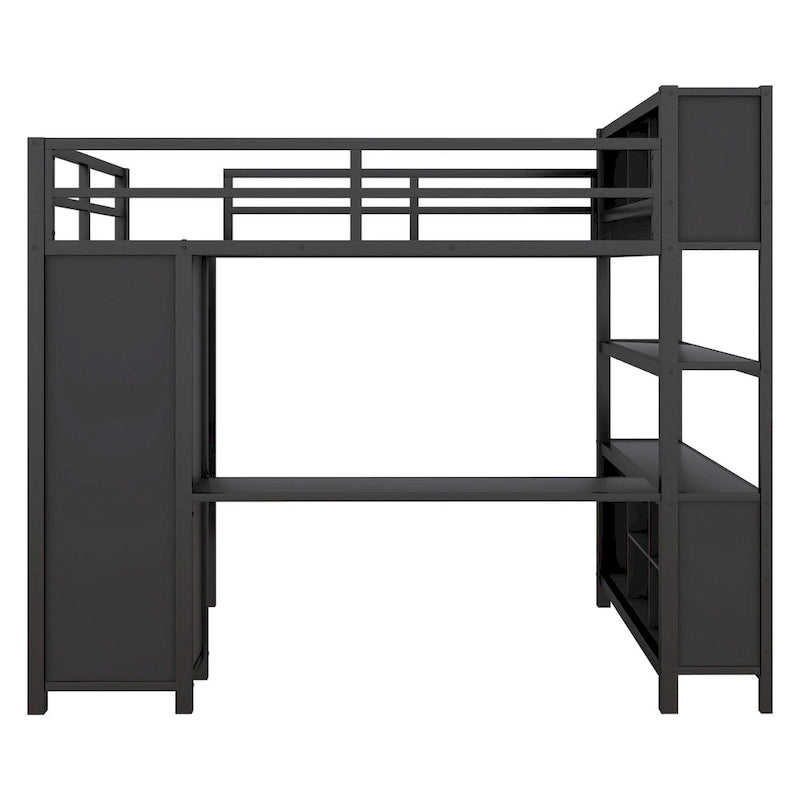 Black Full Size Metal Loft Bed with Wardrobe, Desk, and Storage Shelves