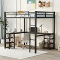 Black Full Size Metal Loft Bed with Desk, Shelves, Ladder, and Guardrails