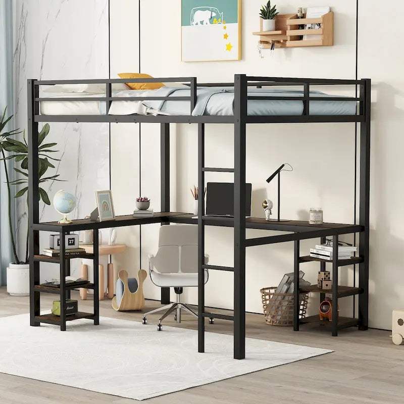 Black Full Size Metal Loft Bed with Desk, Shelves, Ladder, and Guardrails