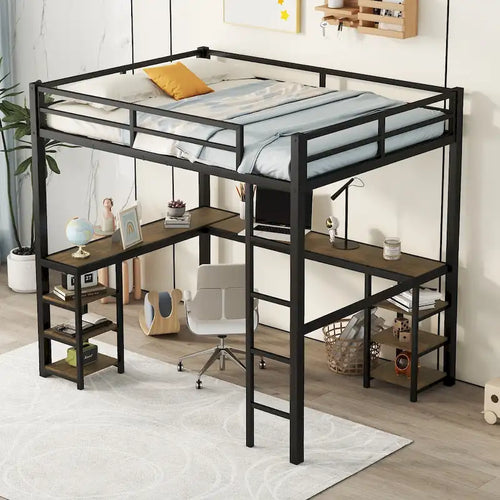 Black Full Size Metal Loft Bed with Desk, Shelves, Ladder, and Guardrails