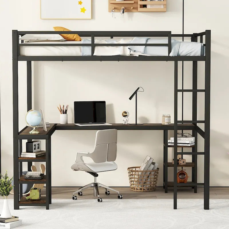 Black Full Size Metal Loft Bed with Desk, Shelves, Ladder, and Guardrails
