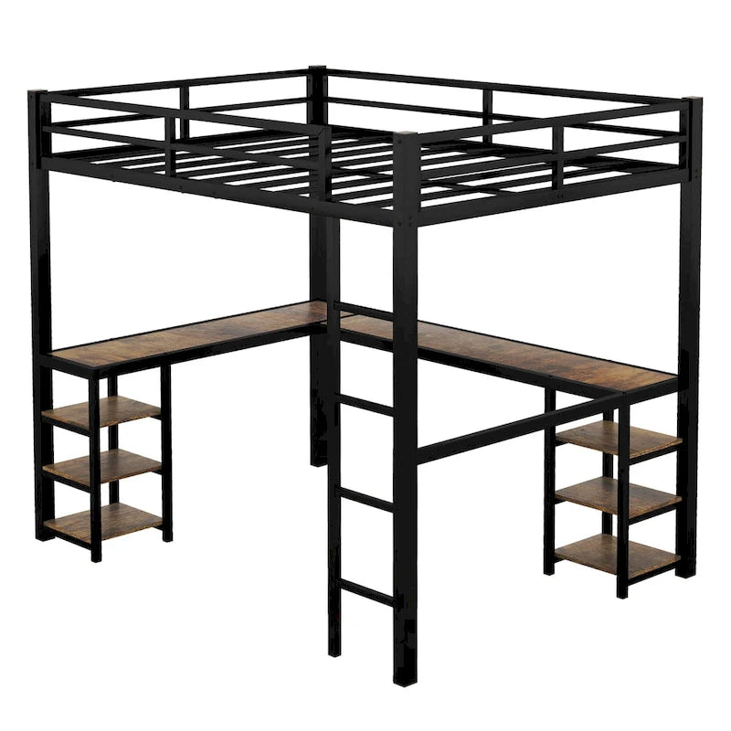 Black Full Size Metal Loft Bed with Desk, Shelves, Ladder, and Guardrails
