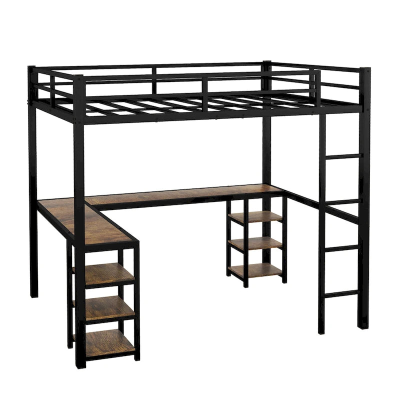 Black Full Size Metal Loft Bed with Desk, Shelves, Ladder, and Guardrails