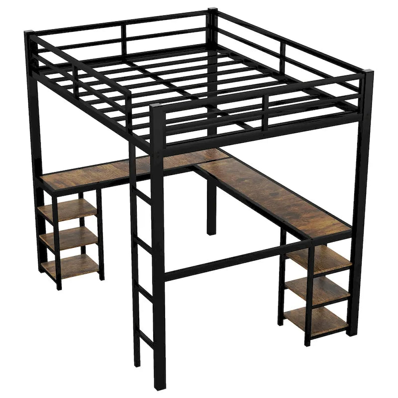 Black Full Size Metal Loft Bed with Desk, Shelves, Ladder, and Guardrails