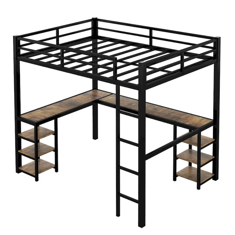 Black Full Size Metal Loft Bed with Desk, Shelves, Ladder, and Guardrails