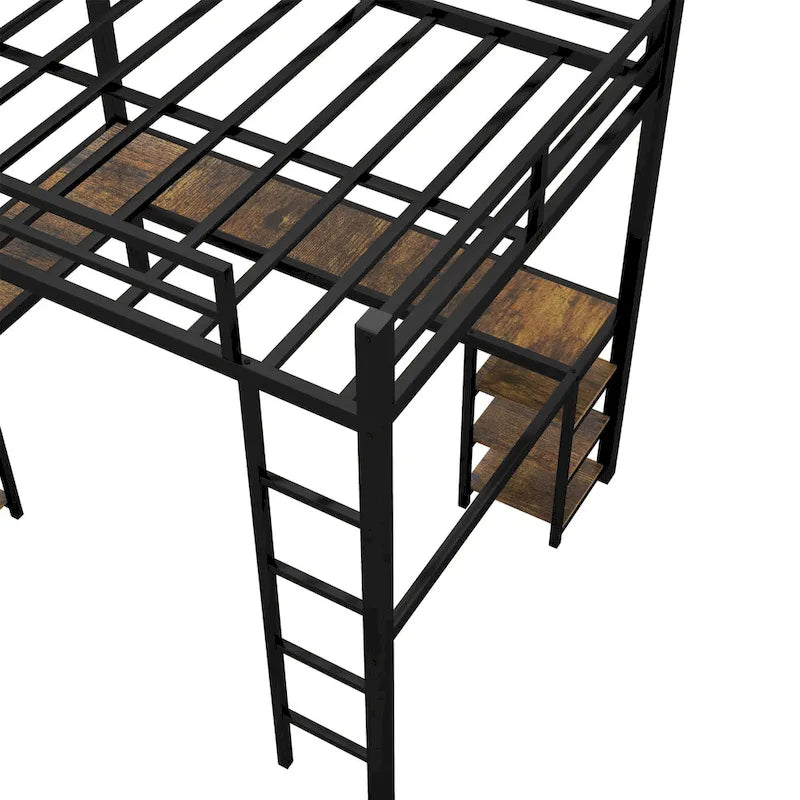 Black Full Size Metal Loft Bed with Desk, Shelves, Ladder, and Guardrails