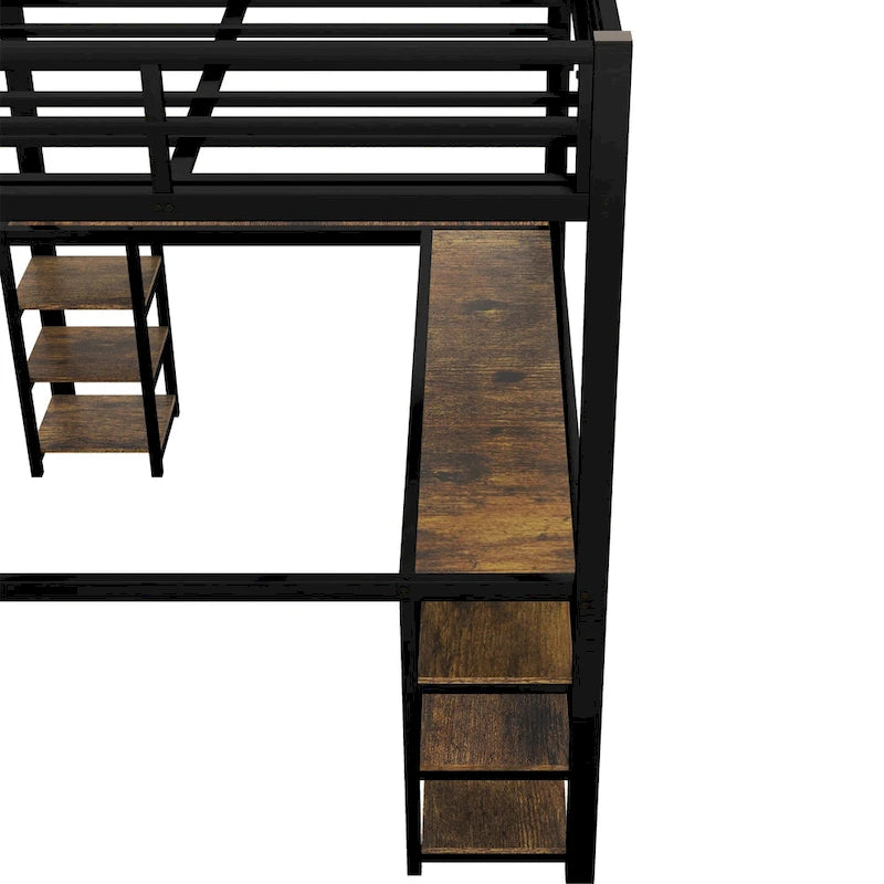 Black Full Size Metal Loft Bed with Desk, Shelves, Ladder, and Guardrails