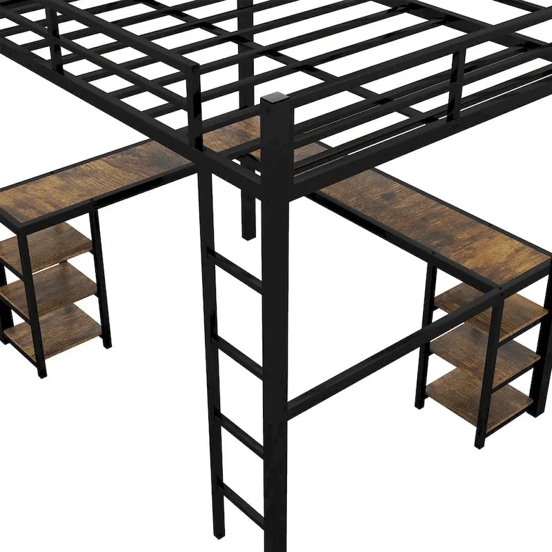 Black Full Size Metal Loft Bed with Desk, Shelves, Ladder, and Guardrails
