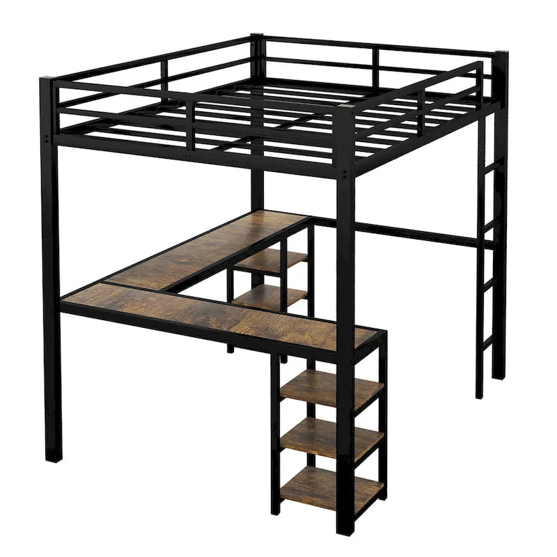 Black Full Size Metal Loft Bed with Desk, Shelves, Ladder, and Guardrails
