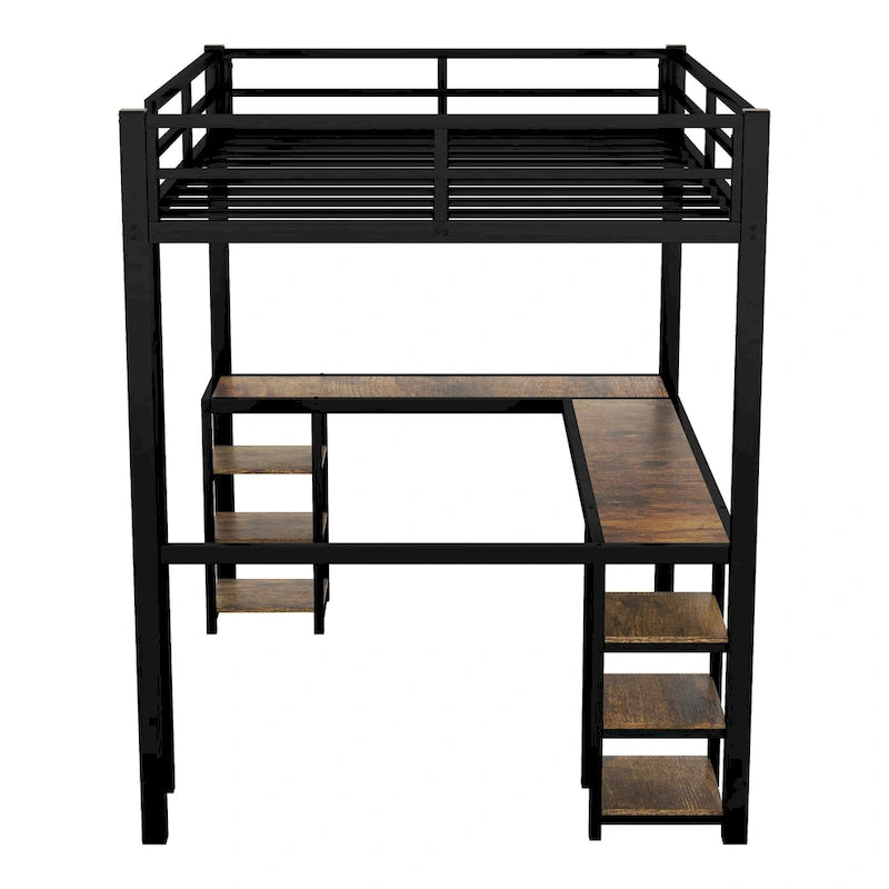 Black Full Size Metal Loft Bed with Desk, Shelves, Ladder, and Guardrails