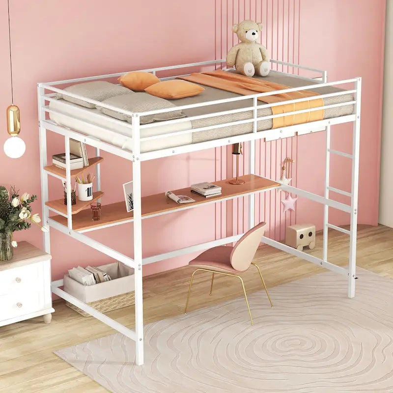 White Full Size Metal Loft Bed with Desk, Ladder & Shelf