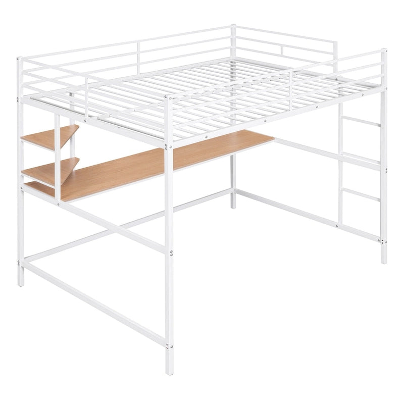 White Full Size Metal Loft Bed with Desk, Ladder & Shelf