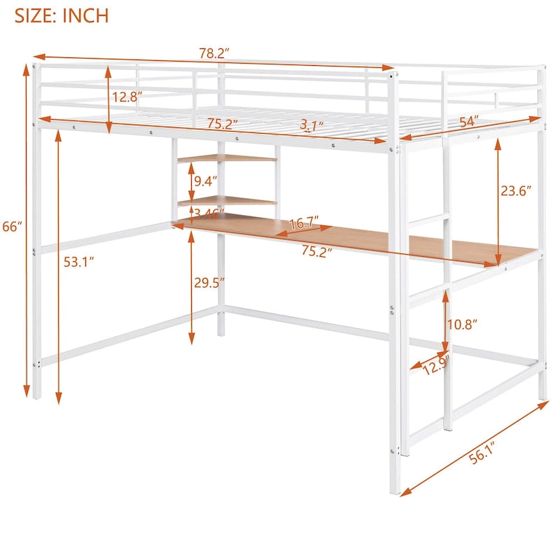 White Full Size Metal Loft Bed with Desk, Ladder & Shelf