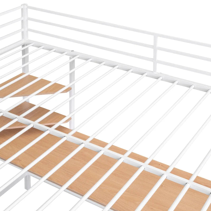 White Full Size Metal Loft Bed with Desk, Ladder & Shelf