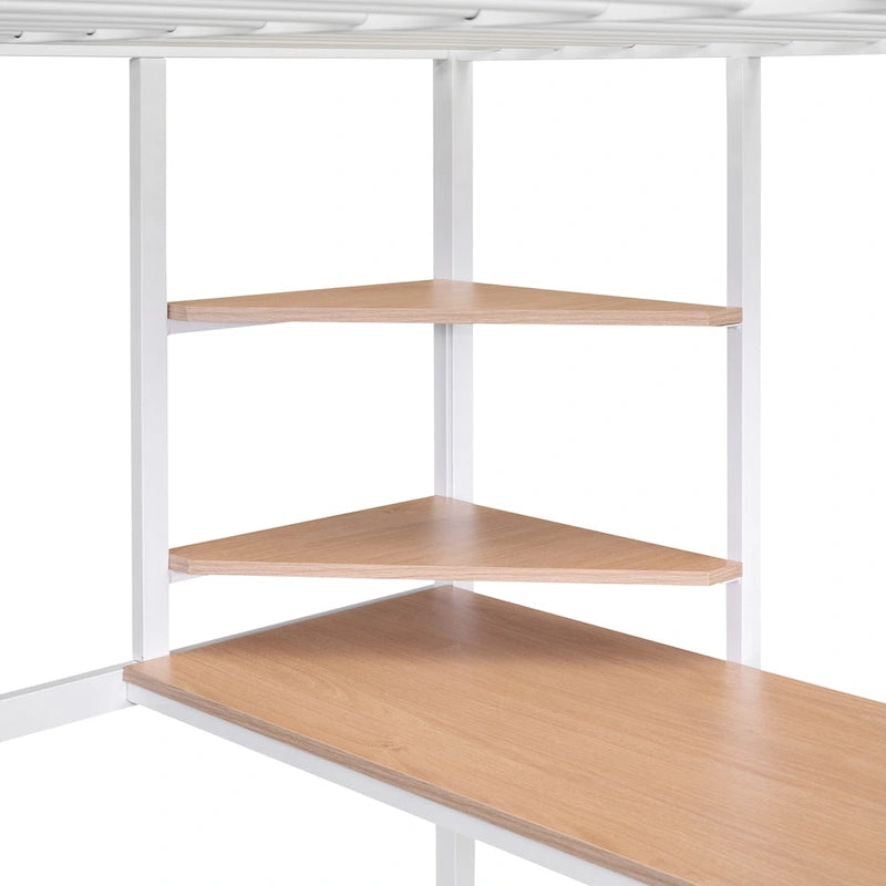 White Full Size Metal Loft Bed with Desk, Ladder & Shelf