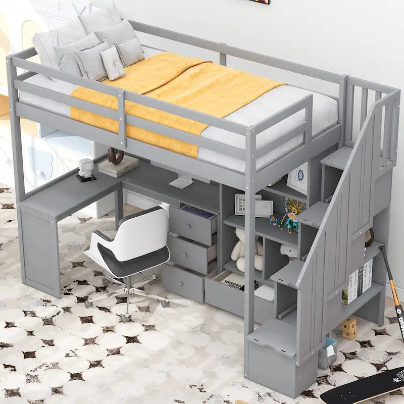 Twin Pine Loft Bed with L-Shaped Desk