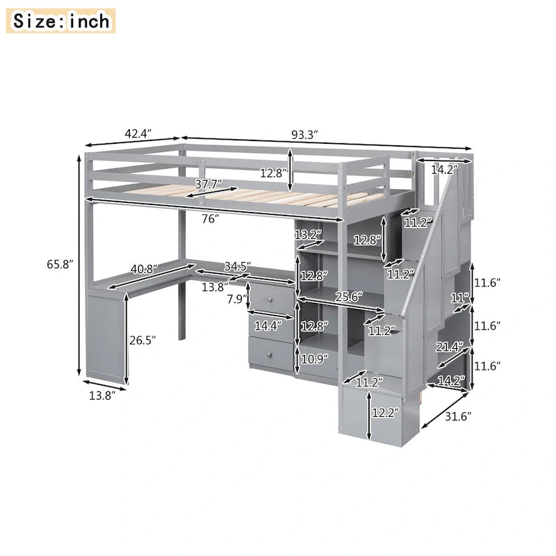 Twin Pine Loft Bed with L-Shaped Desk