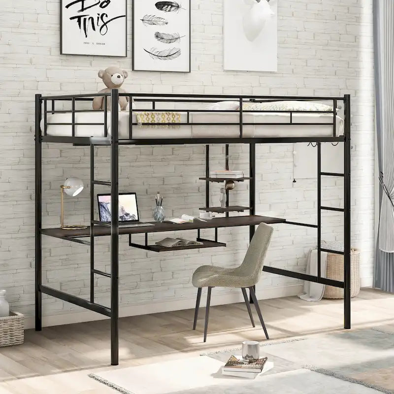 Black Full Size Metal Loft Bed with Desk & Shelf for Kids