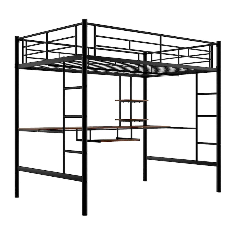 Black Full Size Metal Loft Bed with Desk & Shelf for Kids