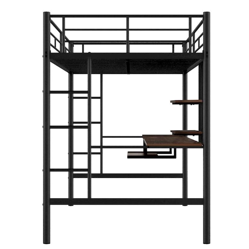 Black Full Size Metal Loft Bed with Desk & Shelf for Kids