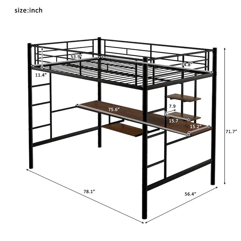 Black Full Size Metal Loft Bed with Desk & Shelf for Kids