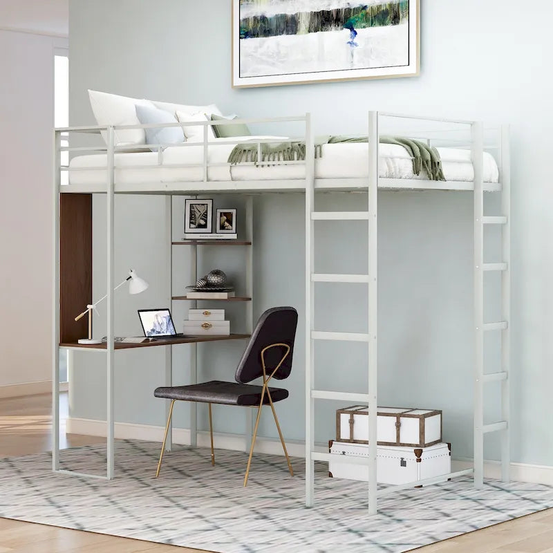 Twin Metal Loft Bed with Ladder, Fence & Desk