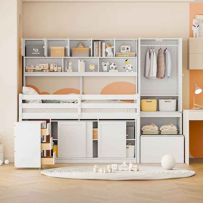 White Twin Size Wooden Loft Bed with Integrated Wardrobe & Desk