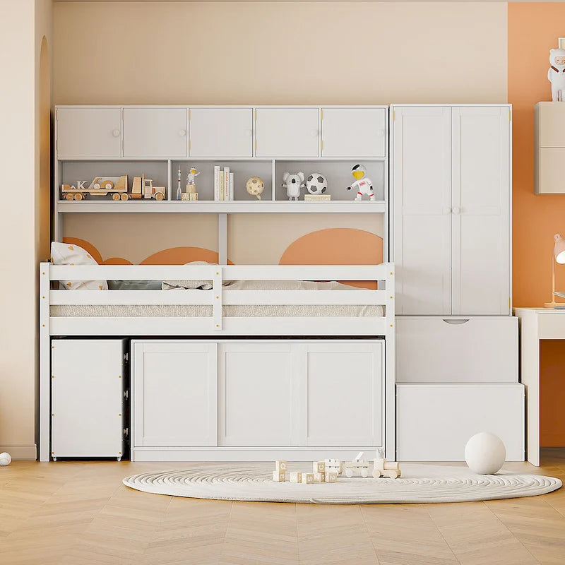 White Twin Size Wooden Loft Bed with Integrated Wardrobe & Desk