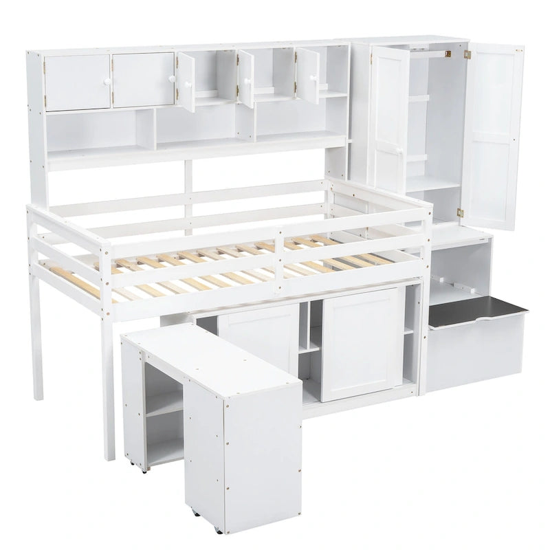 White Twin Size Wooden Loft Bed with Integrated Wardrobe & Desk
