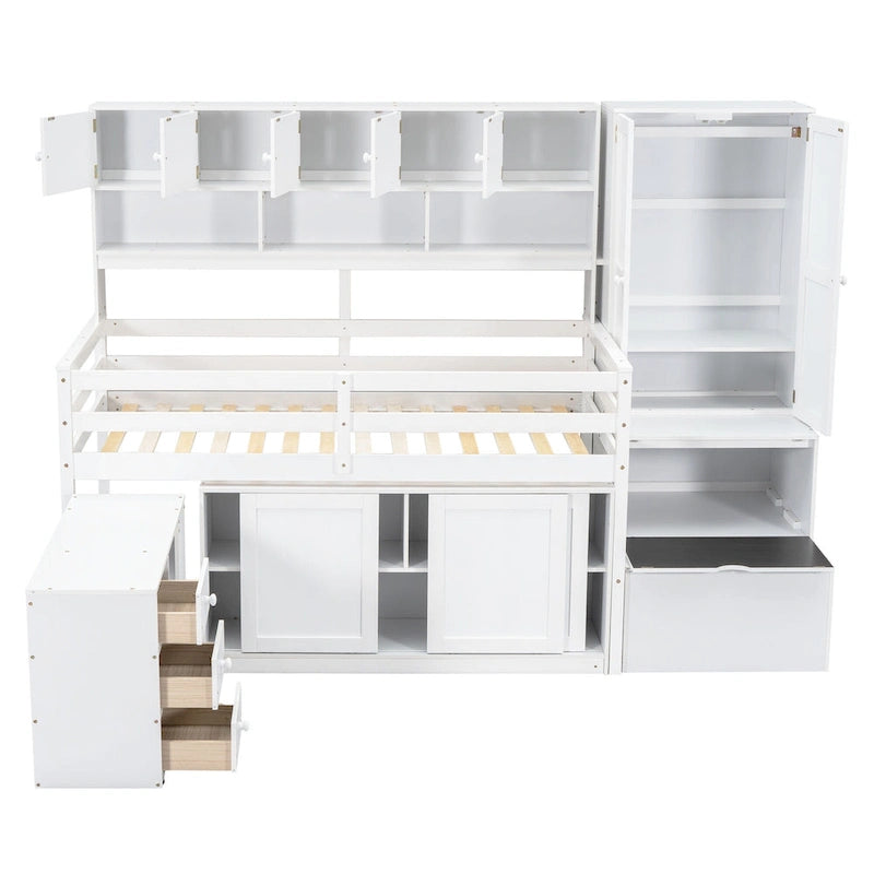 White Twin Size Wooden Loft Bed with Integrated Wardrobe & Desk