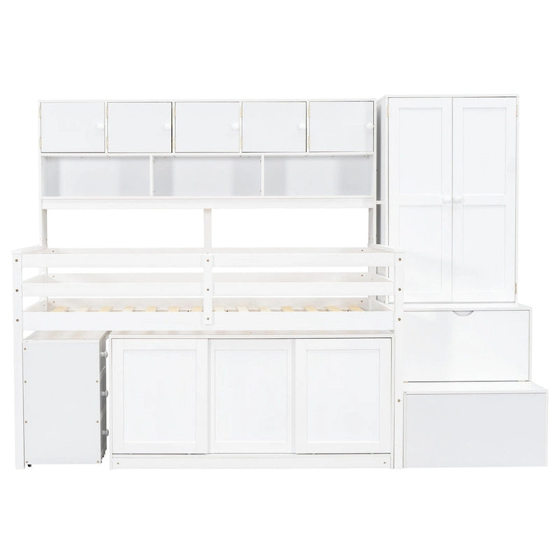 White Twin Size Wooden Loft Bed with Integrated Wardrobe & Desk